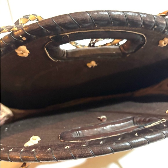 Handcrafted handmade Africa  Tan and brown leather suede woven straw Round Bag - Picture 5 of 7